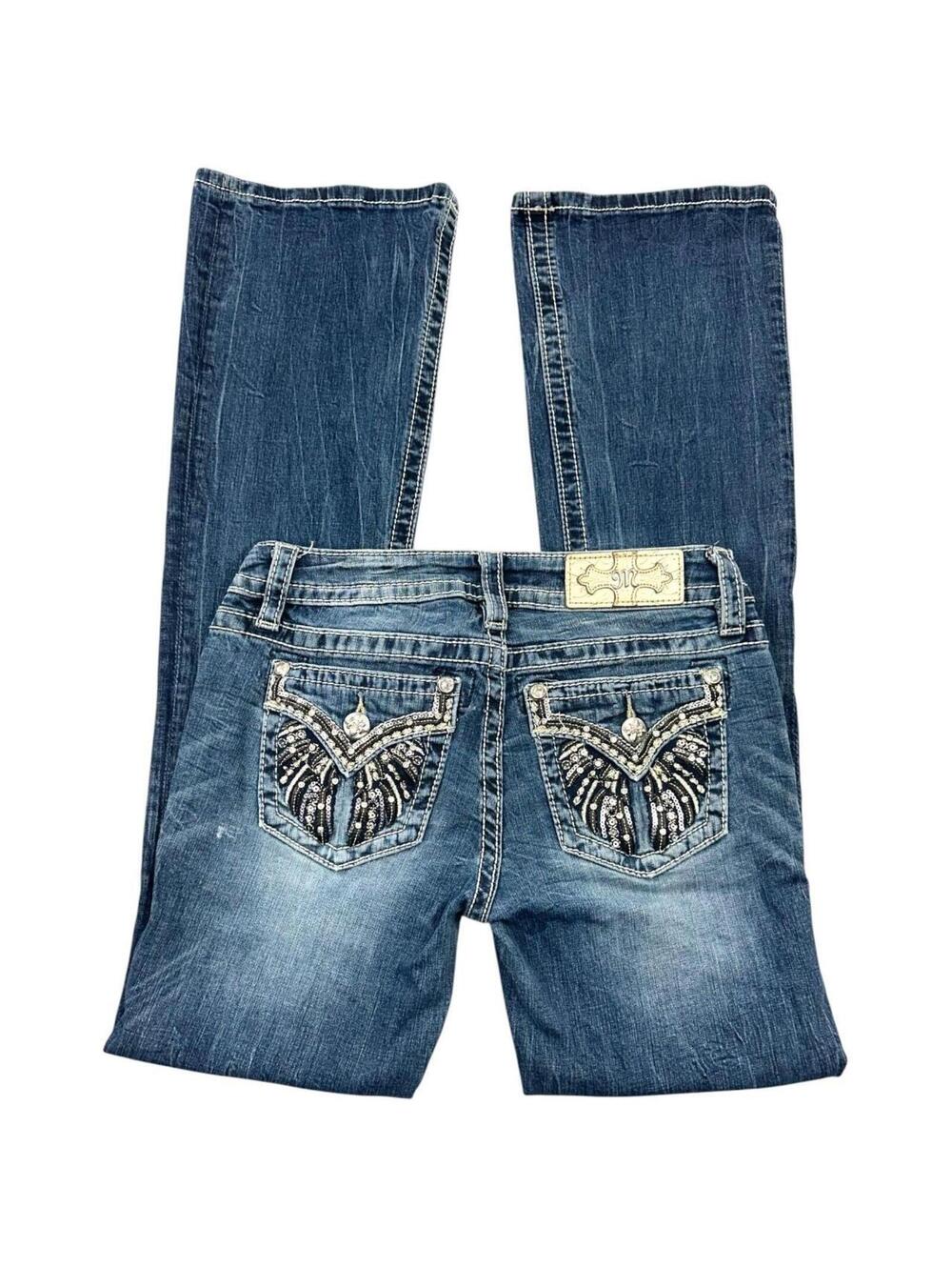 Miss Me Vintage Angel Wing Embellished Bootcut Jeans Y2K Rhinestone Denim